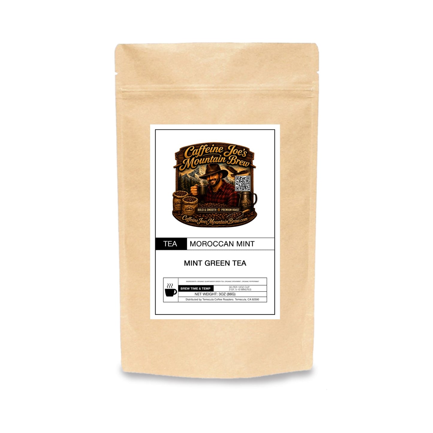 Caffeine Joe's Mountain Brew Moroccan Mint tea in a kraft paper package with fresh mint leaves visible.