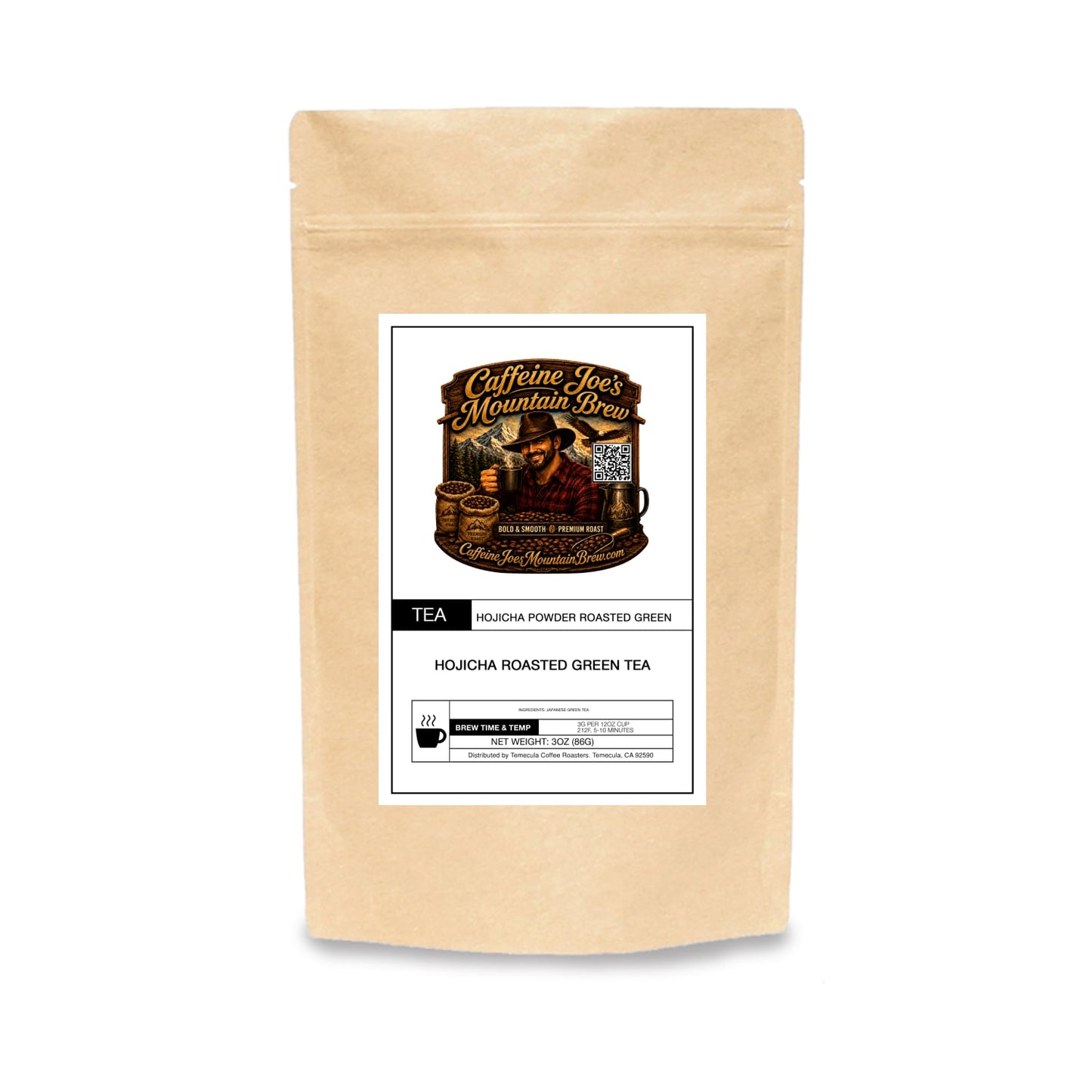 Caffeine Joe's Mountain Brew Hojicha in kraft paper packaging with a rustic label and brewed tea in a cup.
