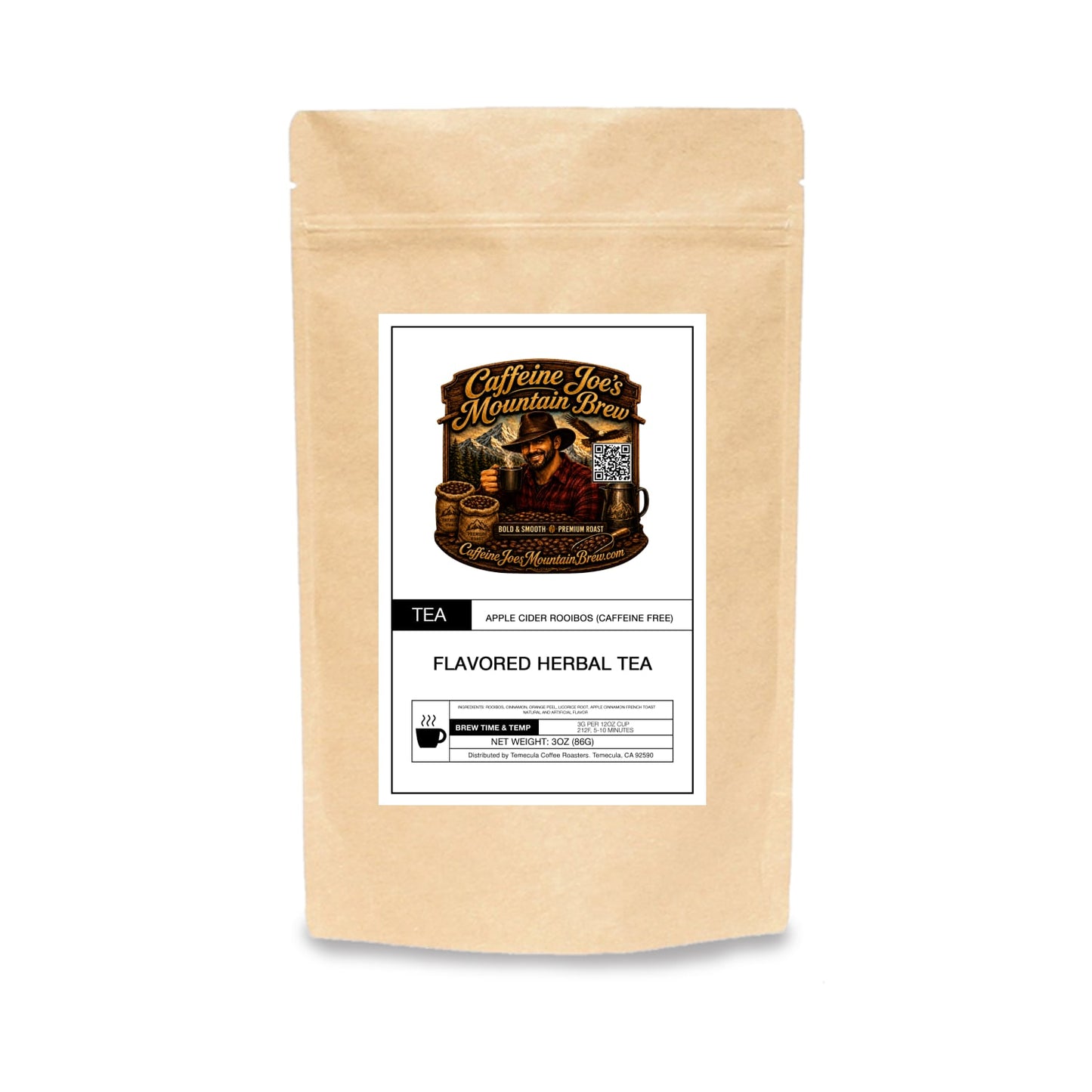 Caffeine Joe's Mountain Brew Apple Cider Rooibos tea in a kraft paper package with a leaf design and product label.