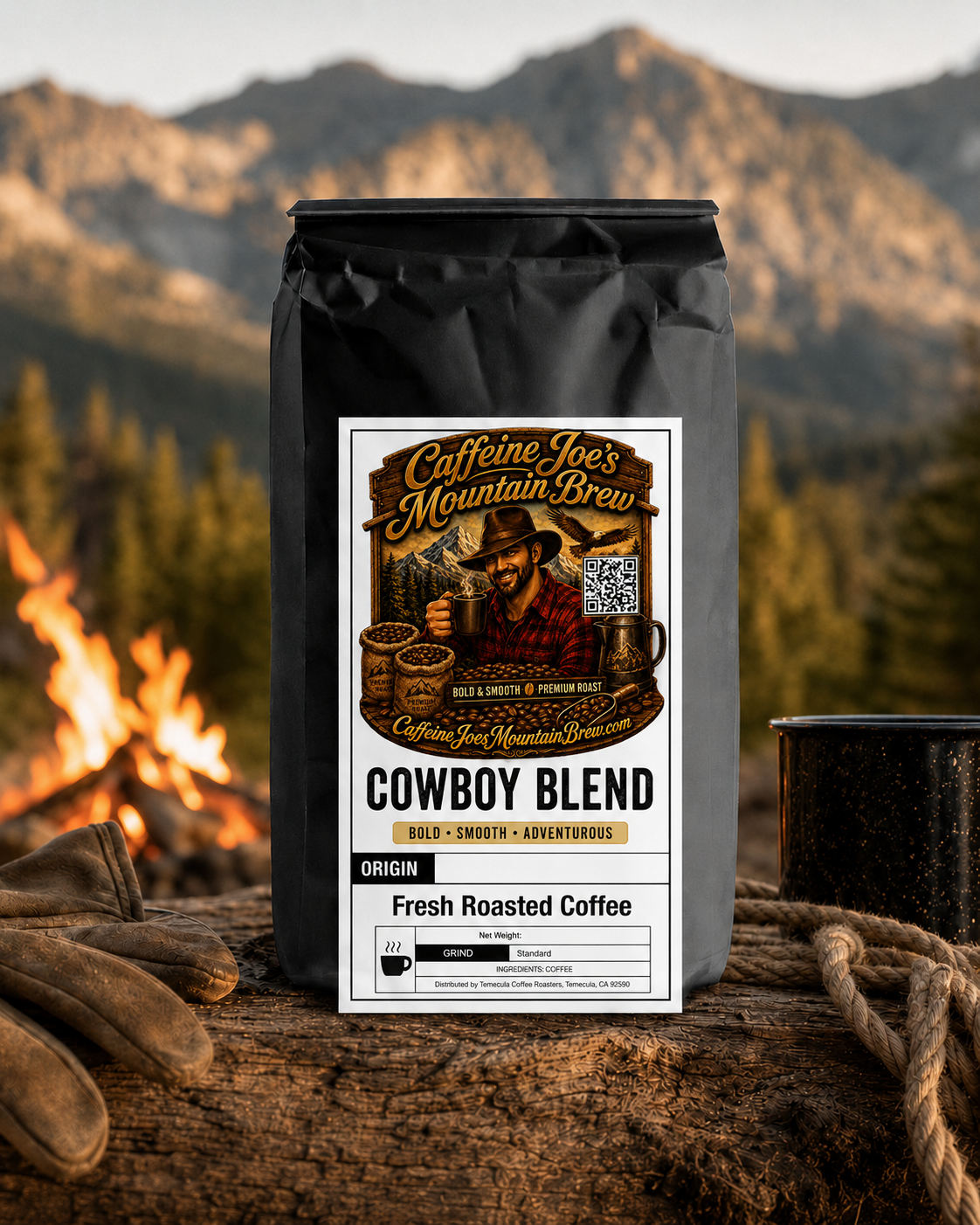 Caffeine Joe's Mountain Brew Cowboy Blend coffee bag with rustic label and cowboy imagery on a wooden surface