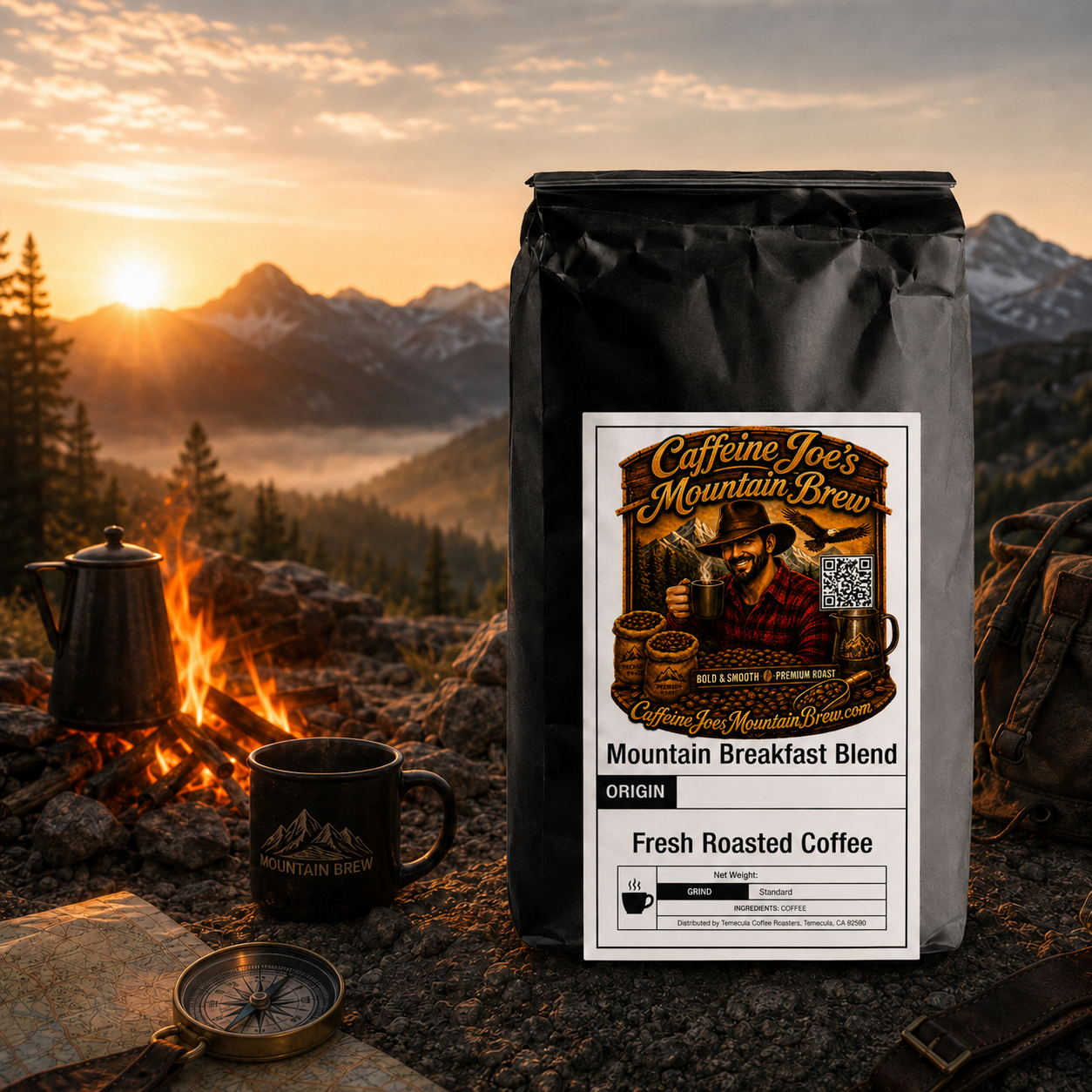 Caffeine Joe's Mountain Brew Breakfast Blend+ coffee bag with label, featuring a mountain landscape and bold branding.