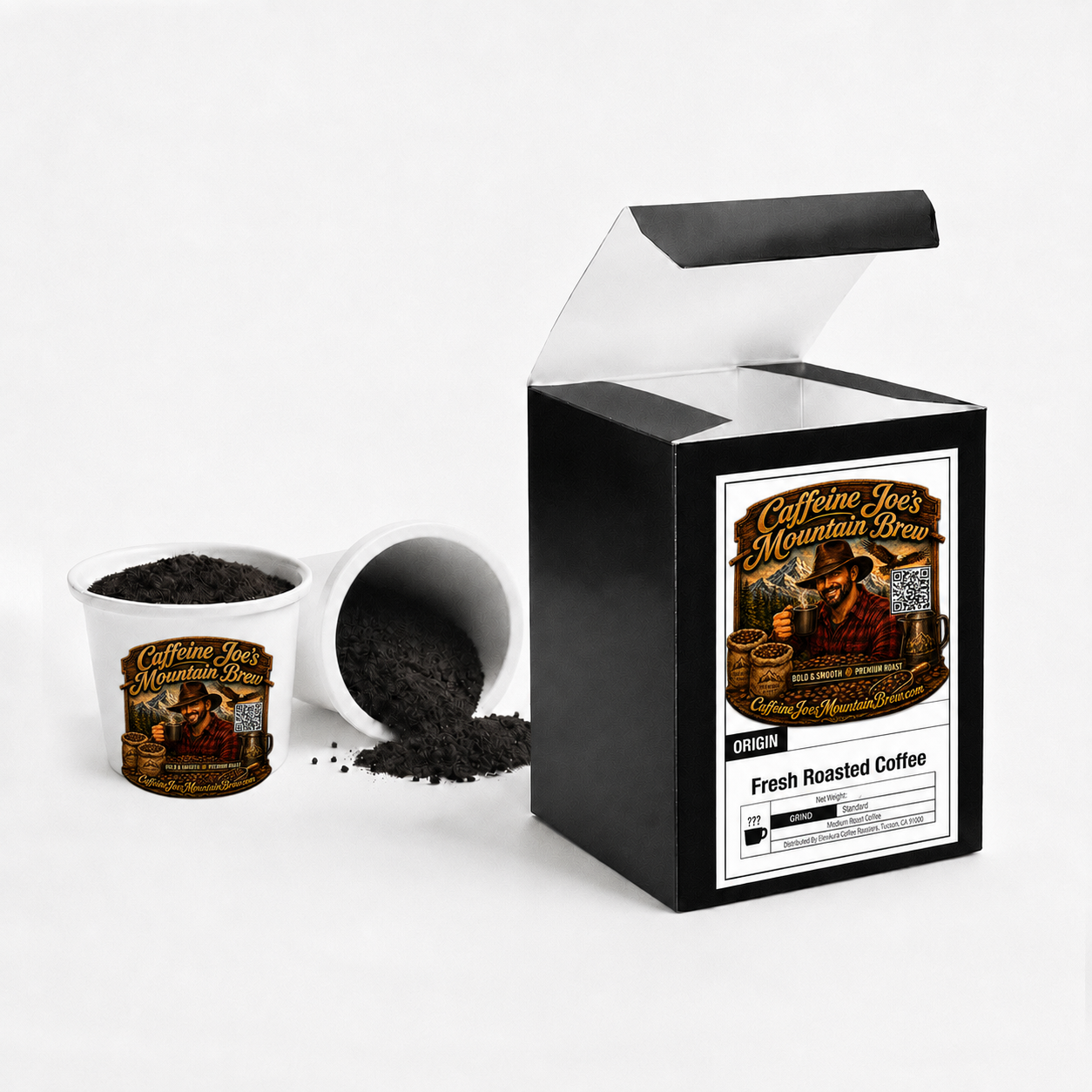 Bali Coffee Pods from Caffeine Joe's Mountain Brew, showing a close-up of coffee pods with tropical Bali coffee branding.