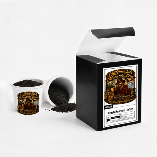 Bali Coffee Pods from Caffeine Joe's Mountain Brew, showing a close-up of coffee pods with tropical Bali coffee branding.