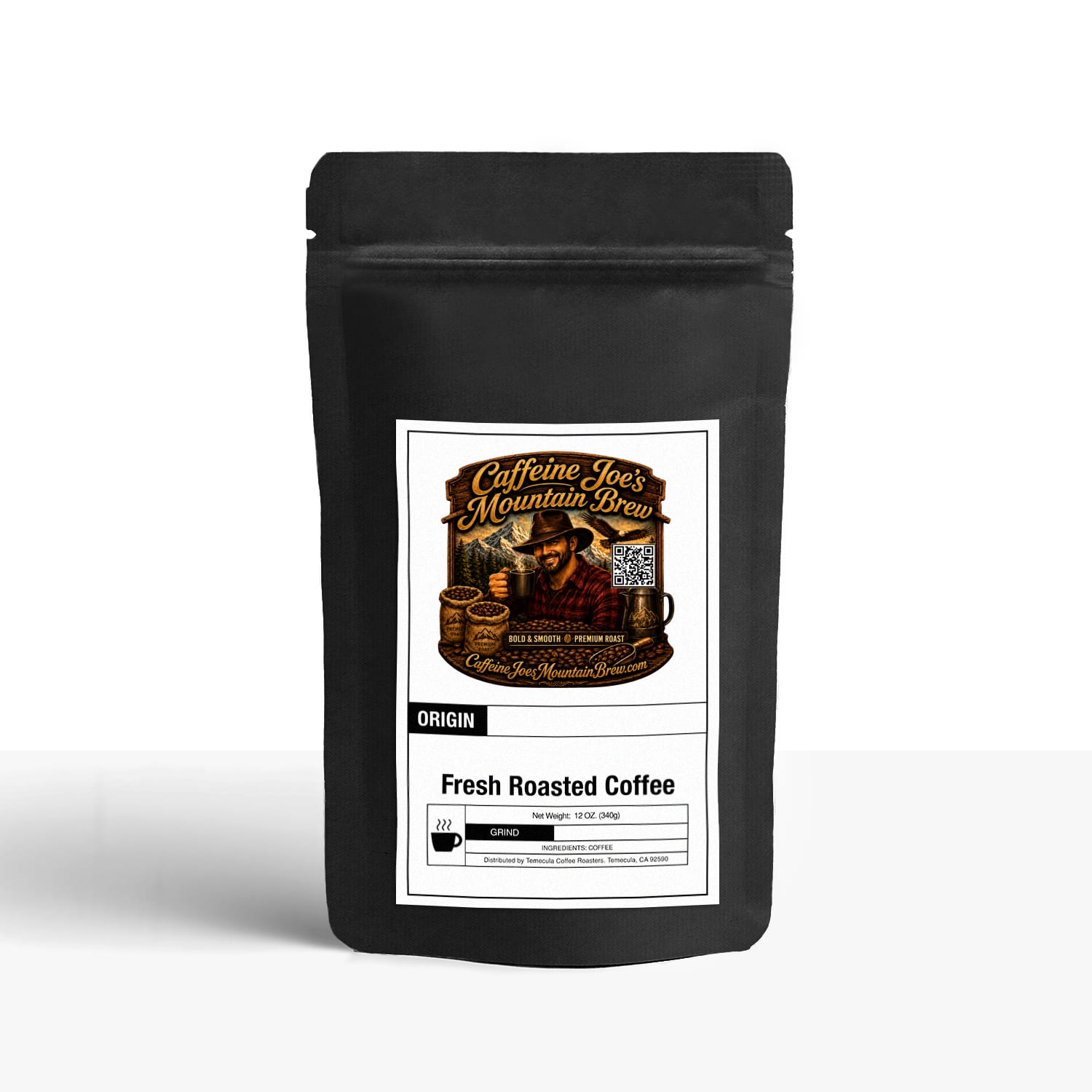 Caffeine Joe's Mountain Brew African Kahawa Blend coffee bag with label showing 12oz packaging and coffee branding.