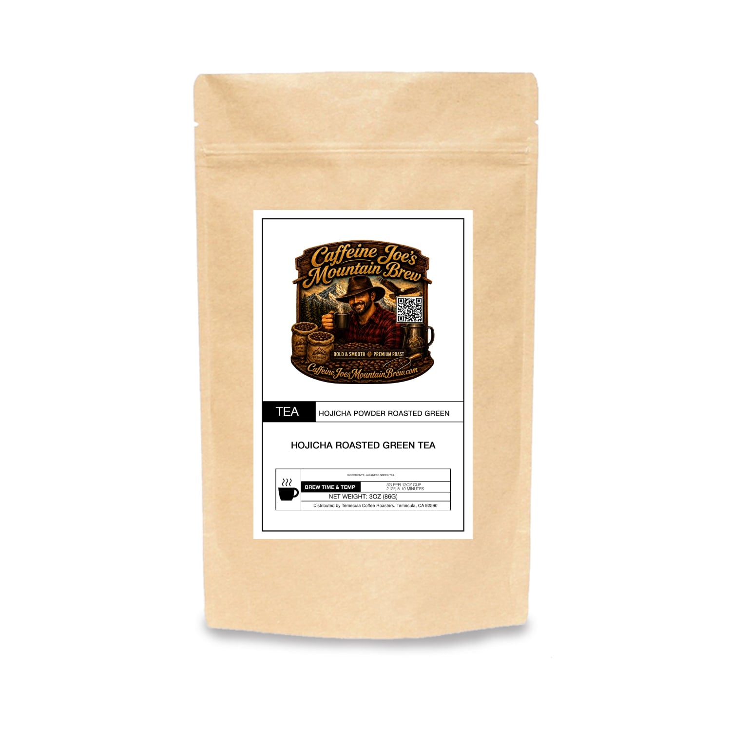 Caffeine Joe's Mountain Brew Hojicha in kraft paper packaging with a rustic label and brewed tea in a cup.