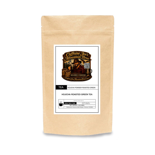 Caffeine Joe's Mountain Brew Hojicha in kraft paper packaging with a rustic label and brewed tea in a cup.