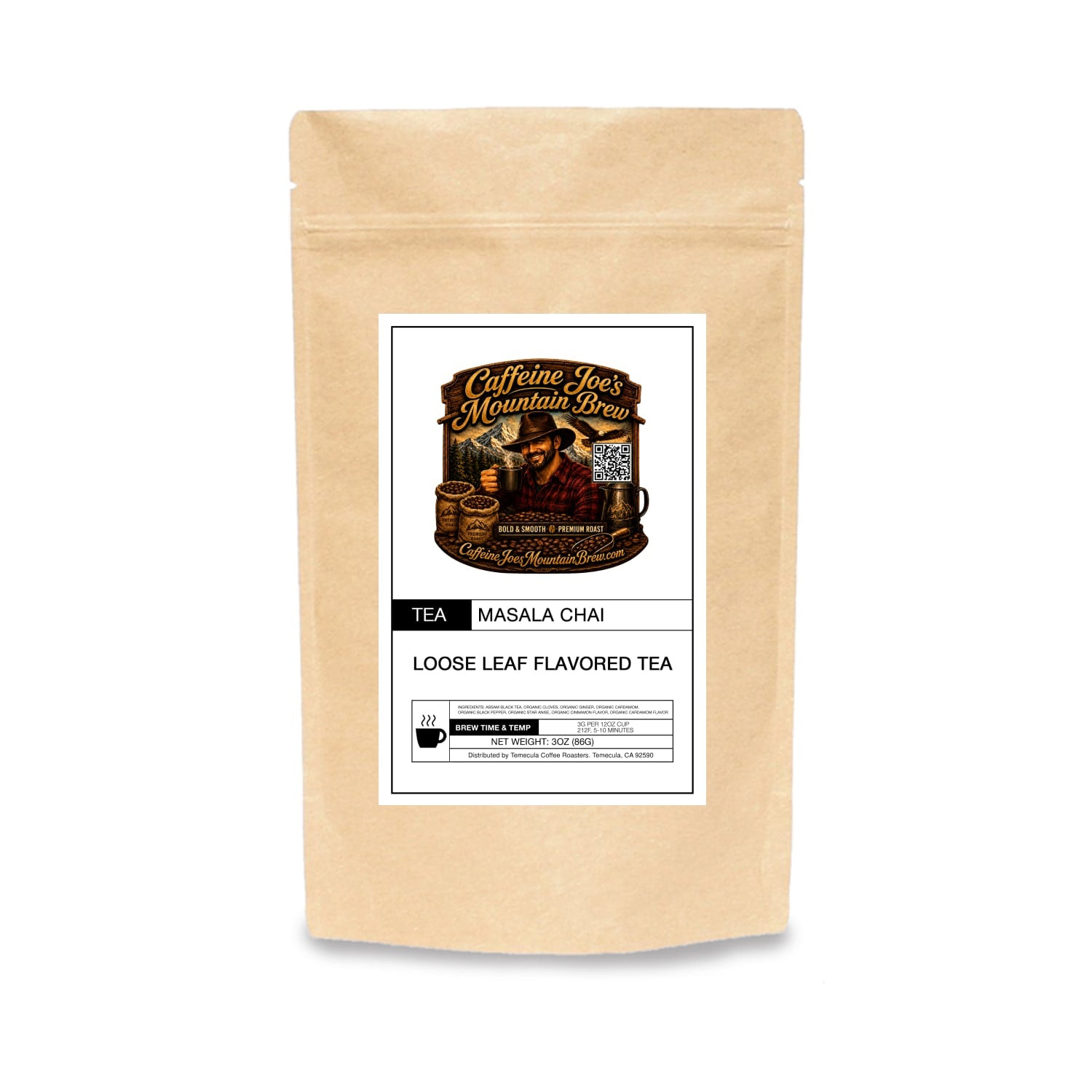 Caffeine Joe's Mountain Brew Masala Chai in a kraft paper packaging, showcasing a warm, spicy tea blend with aromatic spices.
