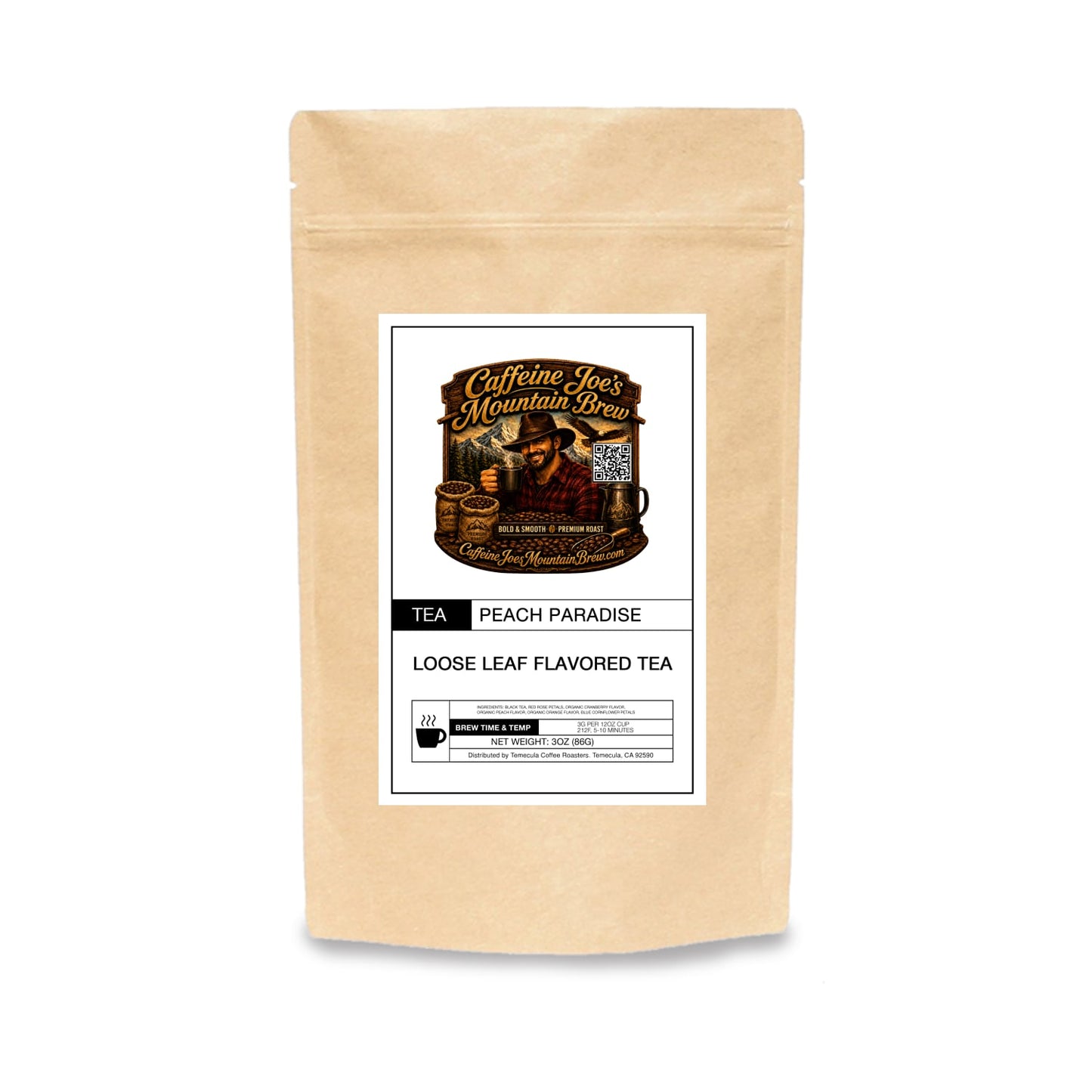 Caffeine Joe's Mountain Brew Peach Paradise coffee bag with vibrant peach and mountain imagery on kraft paper packaging