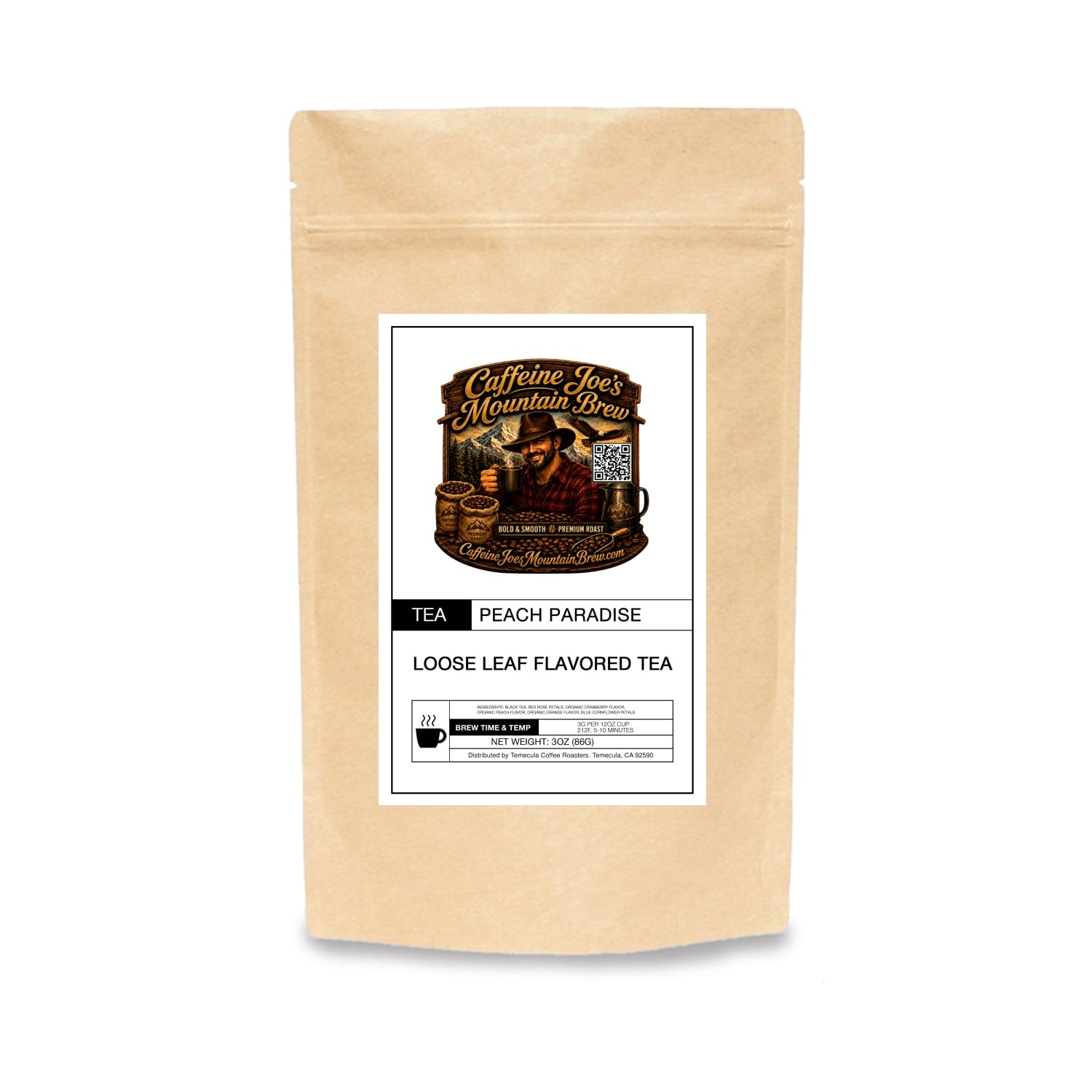 Caffeine Joe's Mountain Brew Peach Paradise coffee bag with vibrant peach and mountain imagery on kraft paper packaging