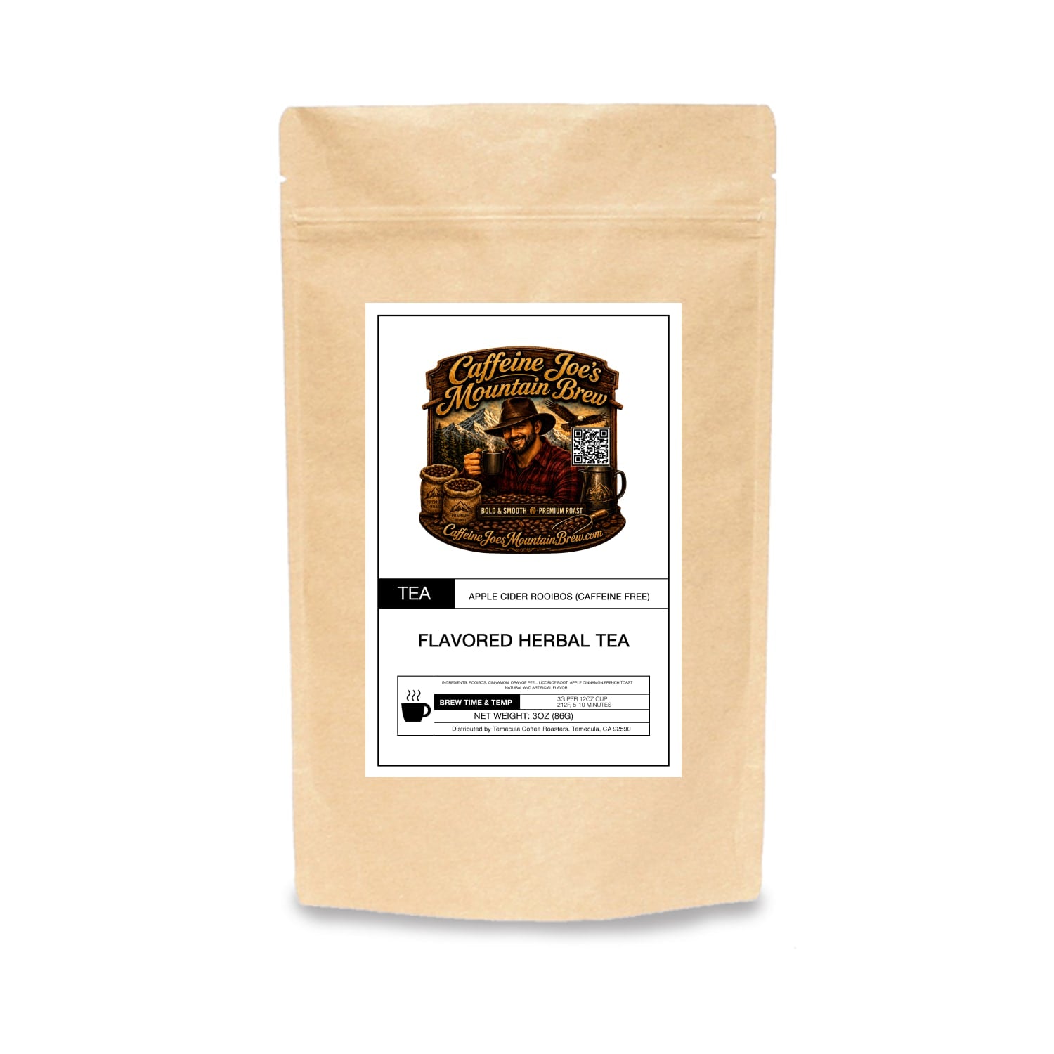 Caffeine Joe's Mountain Brew Apple Cider Rooibos tea in a kraft paper package with a leaf design and product label.