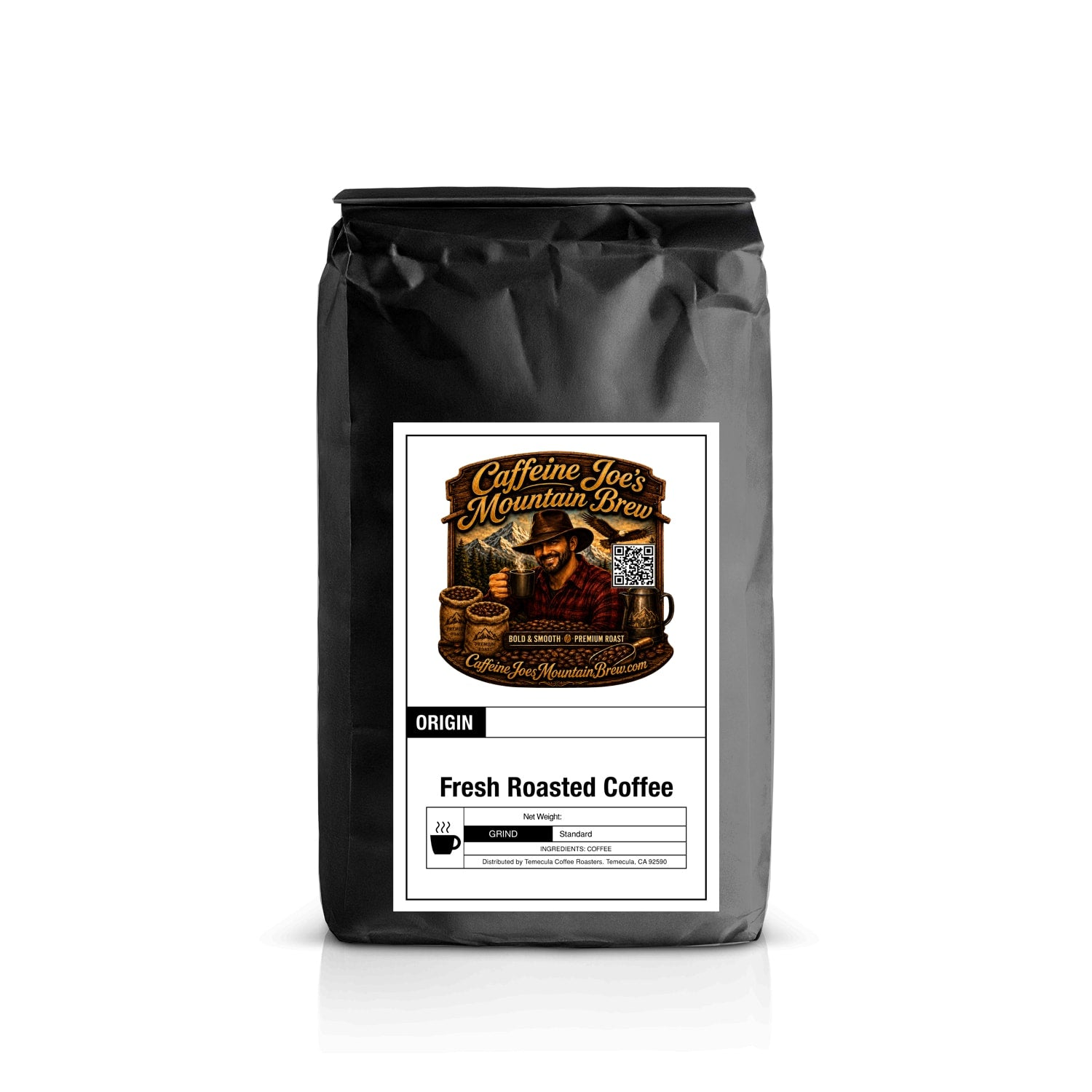 Caffeine Joe's Mountain Brew Nicaragua coffee bag with label featuring mountain scenery and bold branding.