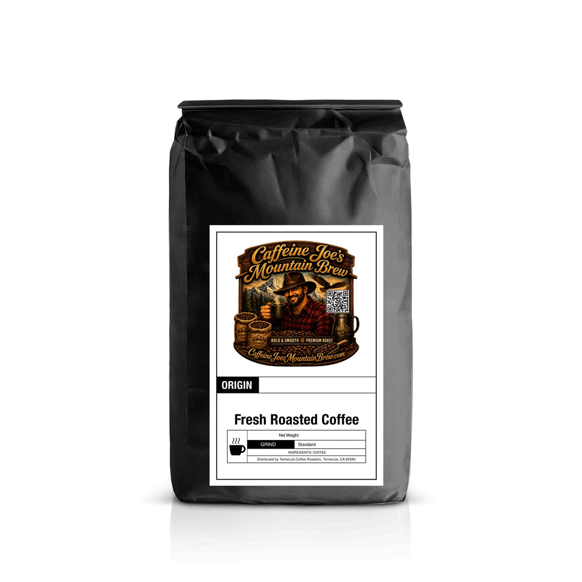 Caffeine Joe's Mountain Brew Peru coffee bag label showing the product name and branding details.